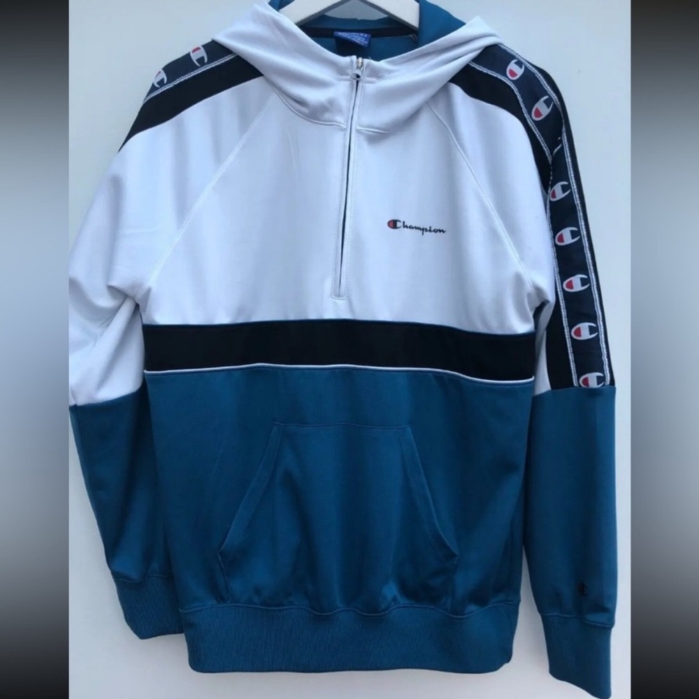 Champion Men's Blue, White, and Black Zip-Up Sweater